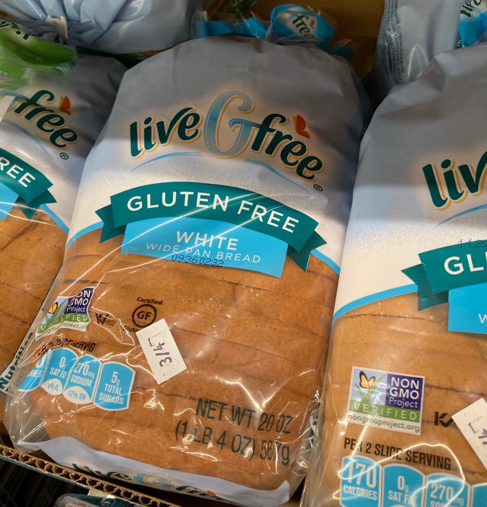 blue and clear bag of liveGfree bread on Aldi shelf