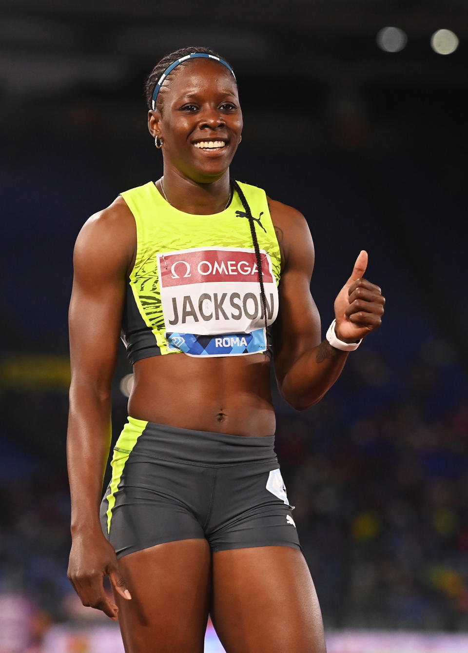 Shericka Jackson of Jamaica celebrates after winning the Women’s 200m during the Golden Gala Pietro Mennea 2022, part of the 2022 Diamond League series at Stadio Olimpico on June 09, 2022 in Rome, Italy. - Credit: Tullio M. Puglia/Getty Images