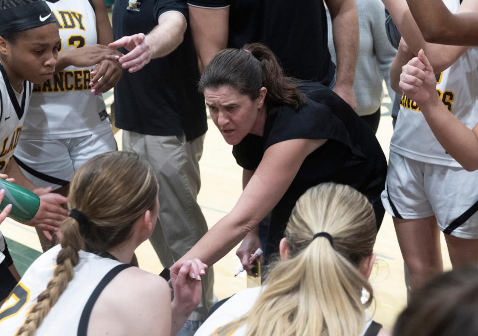 SJV Coach Dawn Karpell psychs her team up during second half action.St. John Vianney Girls Basketball beats Paul VI (Haddonfield) in a nail biter for South Non-Public A Final on March 1, 2023 in Tabernacle, NJ.