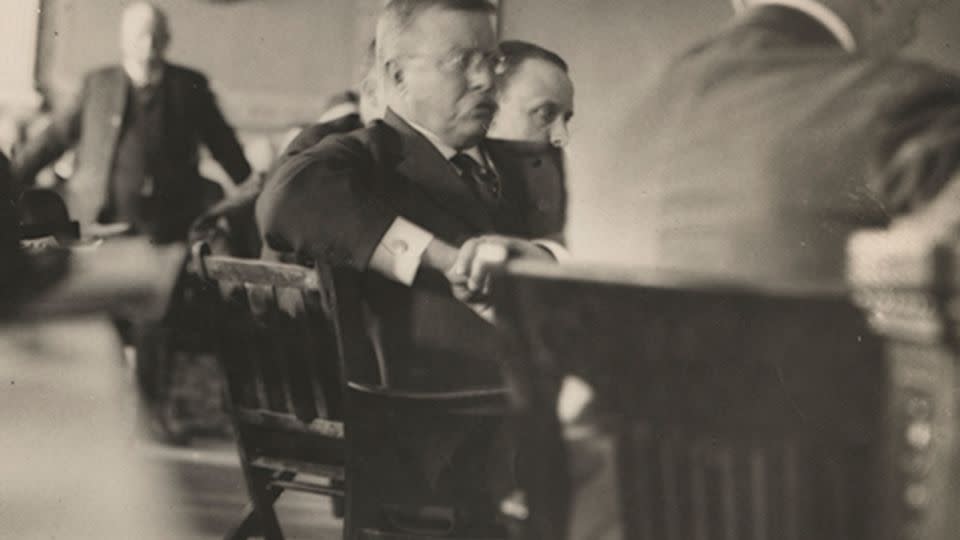 Former President Teddy Roosevelt, seen here in the courtroom during the Barnes v. Roosevelt libel trial, testified for eight days. - Doris A. and Lawrence H. Budner Theodore Roosevelt Collection, DeGolyer Library, Southern Methodist University