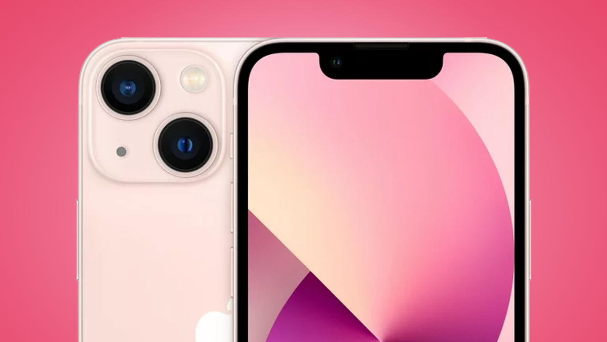  The front and back of the iPhone 13 mini on a pink background 