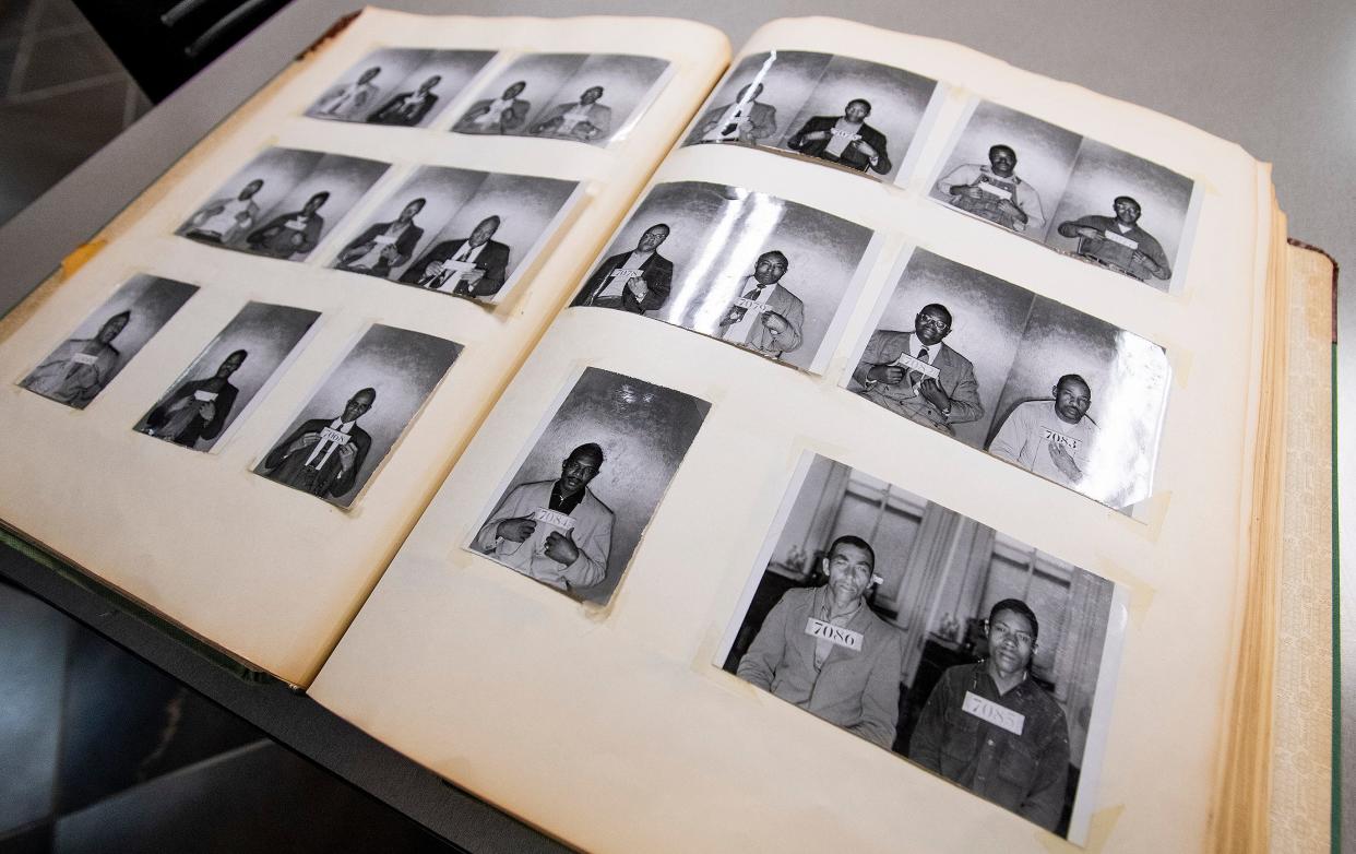 Booking mugs from the Montgomery Bus Boycott era as seen in the probate office at the Montgomery Courthouse annex in Montgomery, Ala., on Monday February 8, 2021.