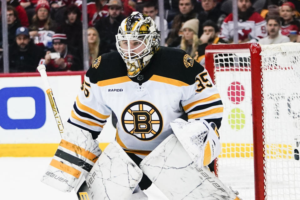 Boston Bruins goaltender Linus Ullmark (35) protects his net during the first period of an NHL hockey game against the New Jersey Devils Wednesday, Dec. 28, 2022, in Newark, N.J. (AP Photo/Frank Franklin II)