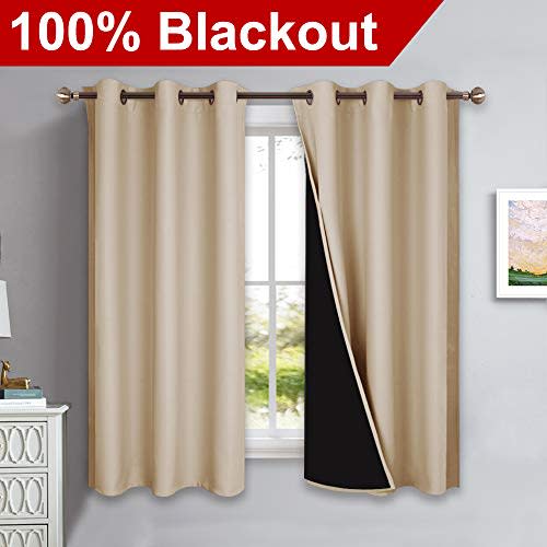 NICETOWN Bedroom Full Blackout Curtain Panels, Super Thick Insulated Grommet Drapes, Double-Layer Blackout Draperies with Black Liner for Small Window (Set of 2 PCs, 42 by 63 inches, Biscotti Beige) (Amazon / Amazon)