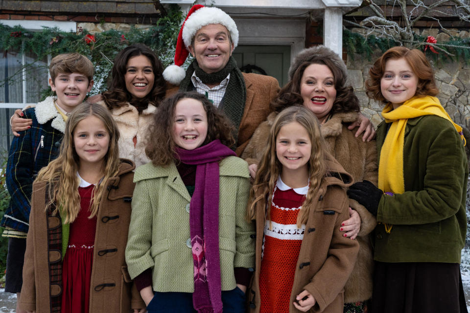 From Objective Fiction / Genial Productions

The Larkins: Christmas Special on ITV and ITV Hub

Pictured: Back row: Montgomery Larkin [Liam Middleton], Mariette [Sabrina Bartlett], Pop Larkin [Bradley Walsh] and Ma Larkin [Joanna Scanlan] and Primrose Larkin [Lydia Page]. Front row: Petunia Larkin [Rosie Coleman], Victoria Larkin [Lola Shepelev] and Zinnia Larkin [Davina Coleman].

This photograph is (C) Objective Fiction / Genial Productions and can only be reproduced for editorial purposes directly in connection with the programme or event mentioned above, or ITV plc. Once made available by ITV plc Picture Desk, this photograph can be reproduced once only up until the transmission [TX] date and no reproduction fee will be charged. Any subsequent usage may incur a fee. This photograph must not be manipulated [excluding basic cropping] in a manner which alters the visual appearance of the person photographed deemed detrimental or inappropriate by ITV plc Picture Desk.  This photograph must not be syndicated to any other company, publication or website, or permanently archived, without the express written permission of ITV Picture Desk. Full Terms and conditions are available on the website www.itv.com/presscentre/itvpictures/terms

For further information please contact:
james.hilder@itv.com / 0207 157 3052n