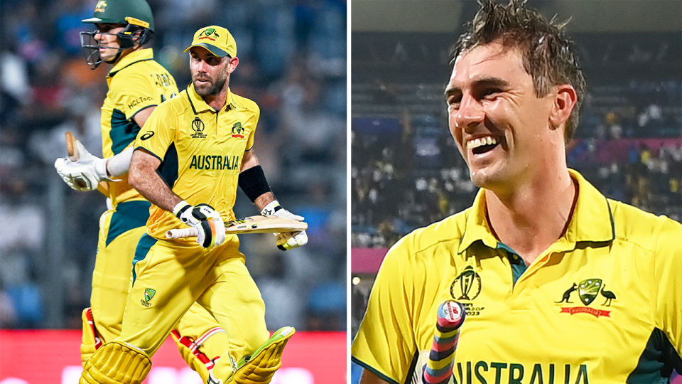 Glenn Maxwell running and Pat Cummins smiling.