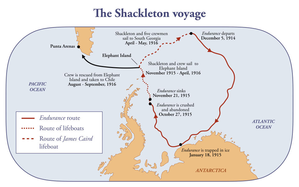 Map of the Sir Ernest Shackleton expedition in Antarctica onboard of the Endurance