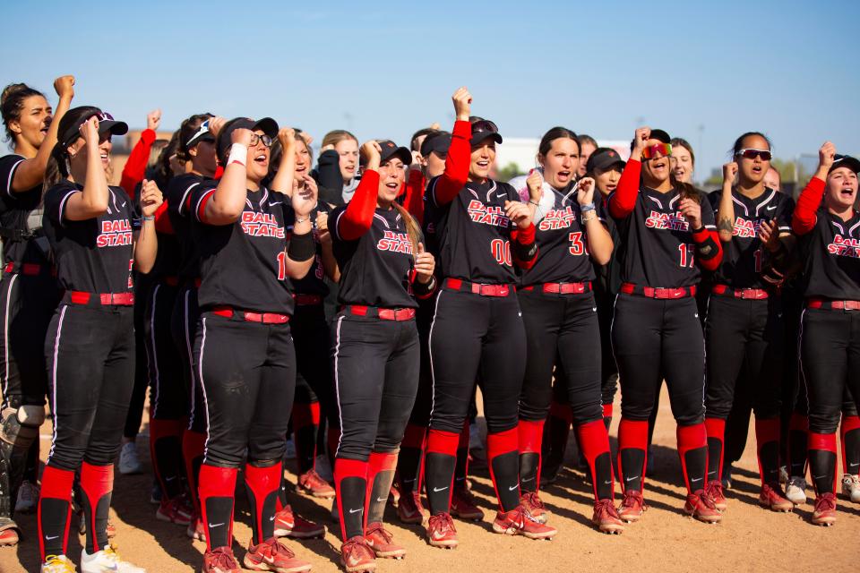 Ball State softball celebrates a win after the team's game against Miami (Ohio) at First Merchants Ballpark on Wednesday, April 26, 2023.