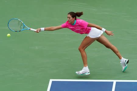 Aug 15, 2018; Mason, OH, USA; Garbine Muguruza (ESP) is unable to return a shot against Lesia Tsurenko (UKR) in the Western and Southern Tennis Open at Lindner Family Tennis Center. Mandatory Credit: Aaron Doster-USA TODAY Sports