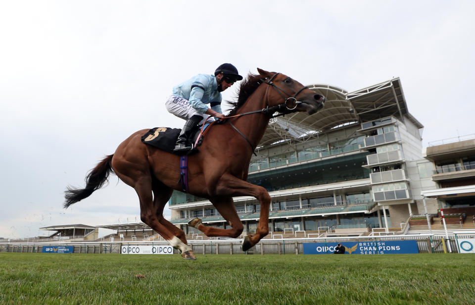 <p>Parachute ridden by jockey Tom Marquand on their way to winning the Betfair Weighed In Podcast Handicap during 1000 Guineas Day, part of the QIPCO Guineas Festival at Newmarket Racecourse. Picture date: Sunday May 2, 2021.</p>
