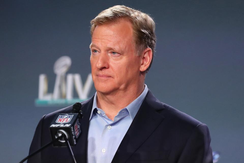 NFL Commissioner Roger Goodell speaks during the Commissioners press conference on January 29, 2020 at the Hilton Downtown in Miami, FL.