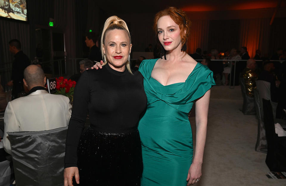 (L-R) Patricia Arquette and Christina Hendricks attend the Elton John AIDS Foundation's 31st Annual Academy Awards Viewing Party on March 12, 2023 in West Hollywood, California.