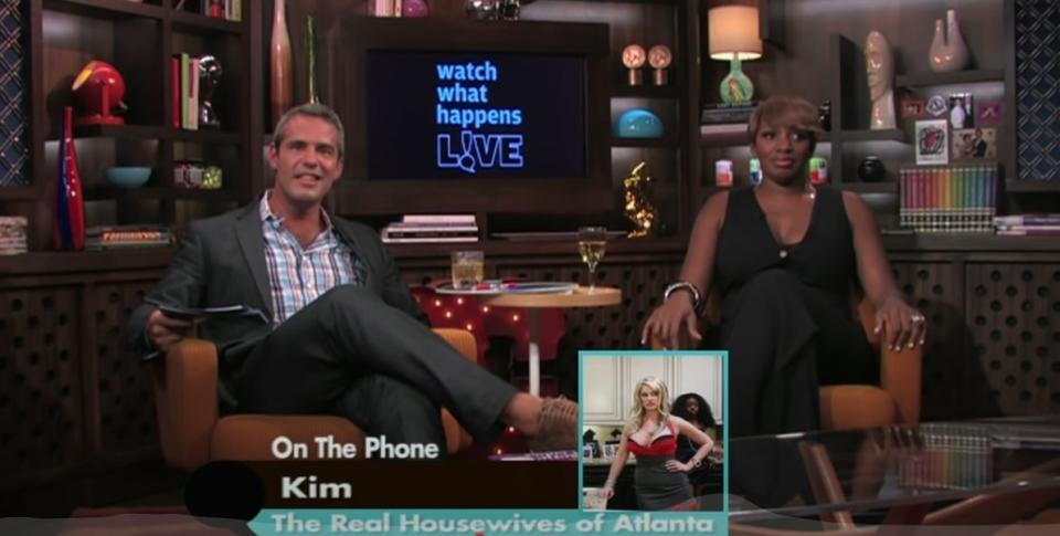 Andy Cohen with Nene Leakes talking to Kim Zolciak on Watch What Happens Live