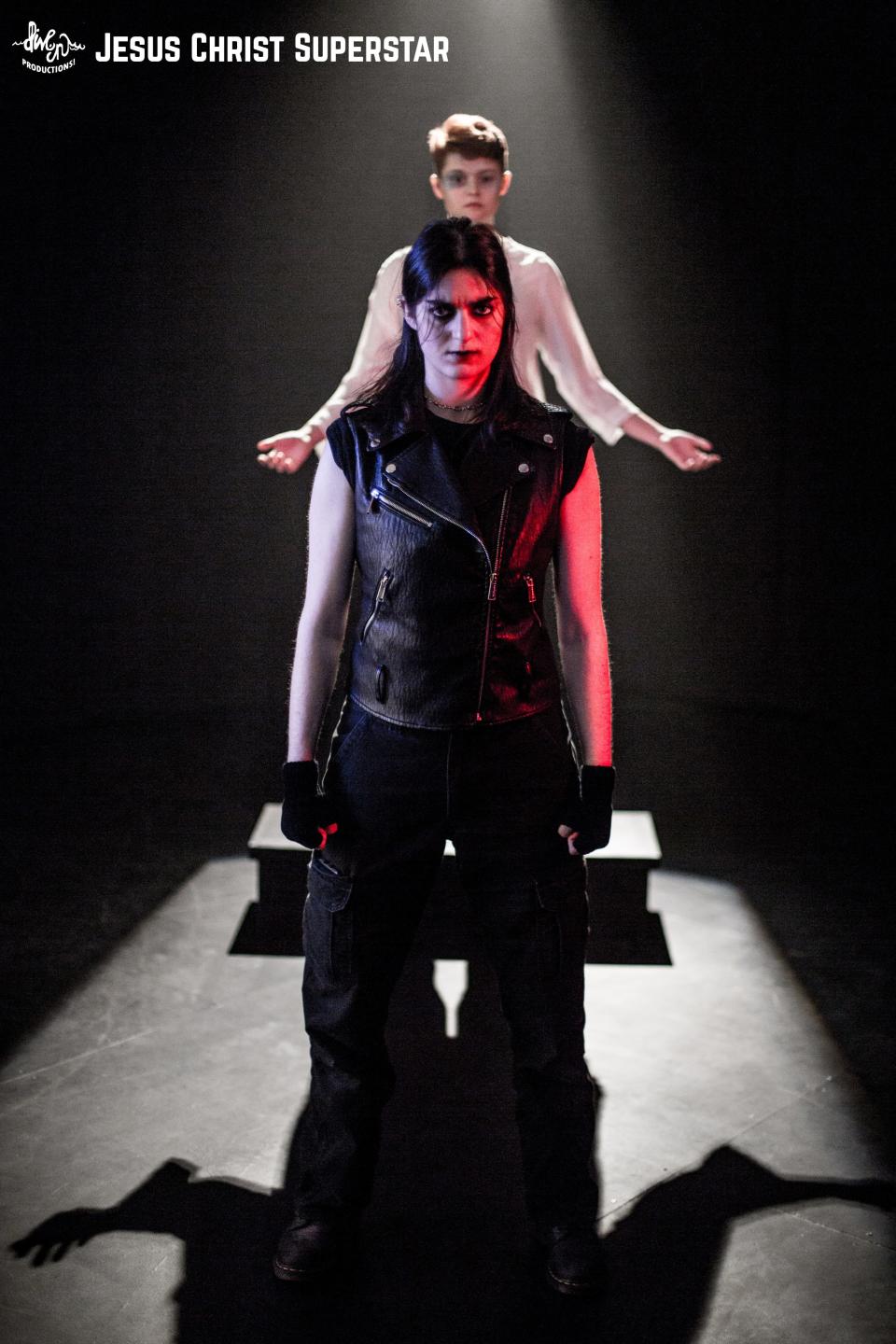 Judas stands in front of Jesus in a scene from Dive In Productions' "Jesus Christ Superstar" now playing at the Players' Ring Theatre in Portsmouth.