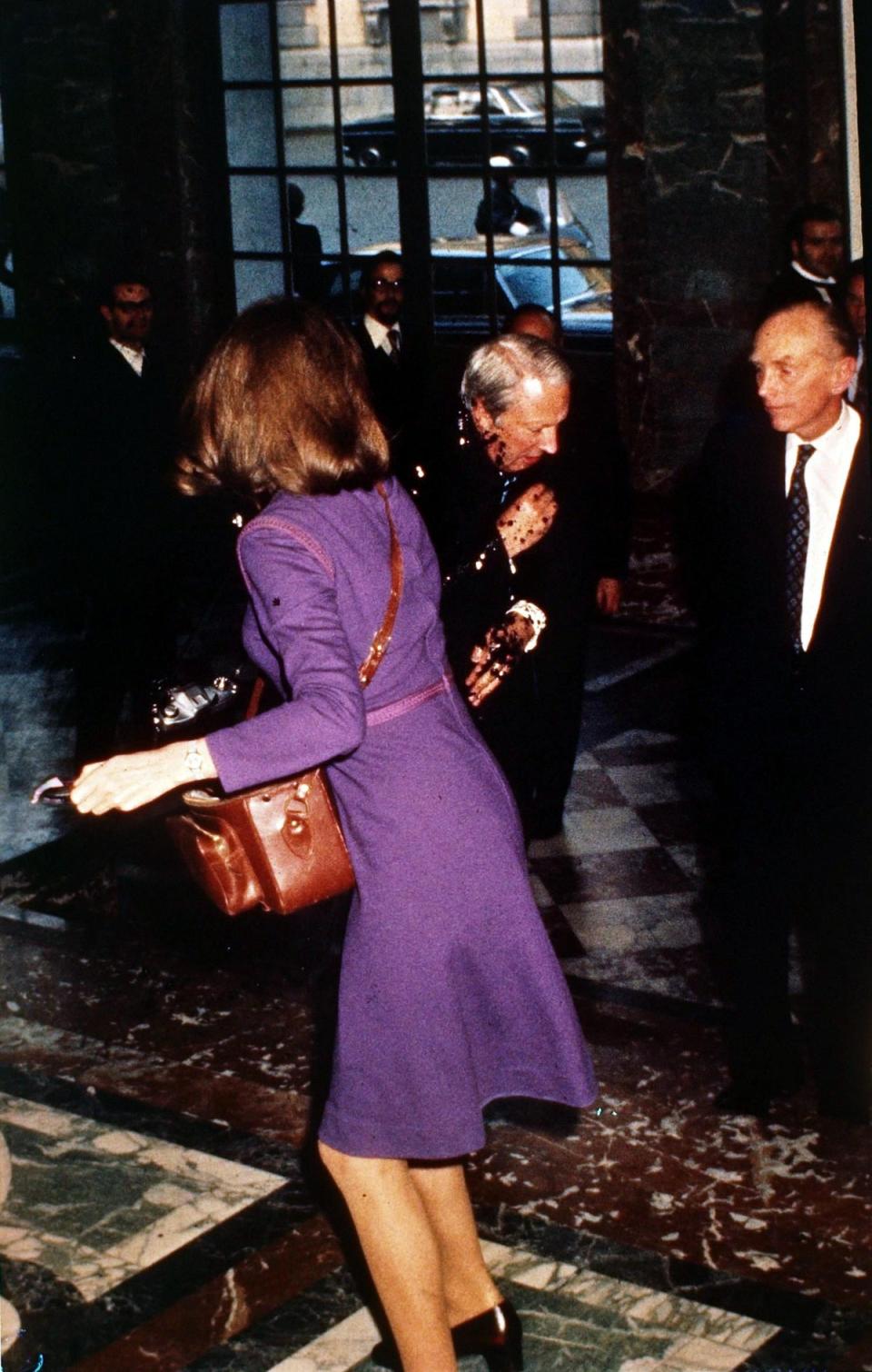 1972: Marie-Louise Kwiatkowski throws ink over Edward Heath in Brussels as he prepares to sign the Treaty of Accession (Popperfoto/Getty Images)