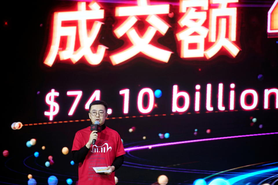 Alibaba Group's Taobao and Tmall president Jiang Fan speaks at Alibaba Group's Singles' Day global shopping festival at a media center in Hangzhou, Zhejiang province, China November 12, 2020. REUTERS/Aly Song