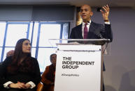 Chaka Umunna speaks alongside Luciana Berger during a press conference to announce the new political party, The Independent Group, in London, Monday, Feb. 18, 2019. Seven British Members of Parliament say they are quitting the main opposition Labour Party over its approach to issues including Brexit and anti-Semitism. Many Labour MPs are unhappy with the party's direction under leader Jeremy Corbyn, a veteran socialist who took charge in 2015 with strong grass-roots backing. (AP Photo/Kirsty Wigglesworth)