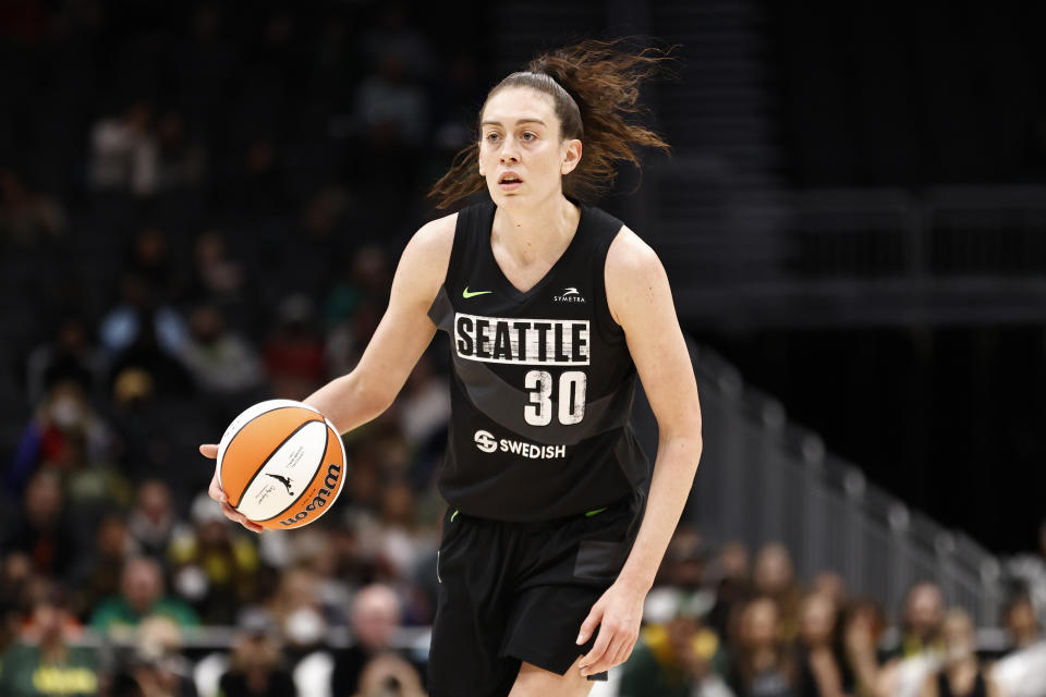 SEATTLE, WASHINGTON - MAY 27: Breanna Stewart #30 of the Seattle Storm dribbles against the New York Liberty during the fourth quarter at Climate Pledge Arena on May 27, 2022 in Seattle, Washington. NOTE TO USER: User expressly acknowledges and agrees that, by downloading and or using this photograph, User is consenting to the terms and conditions of the Getty Images License Agreement (Photo by Steph Chambers/Getty Images)