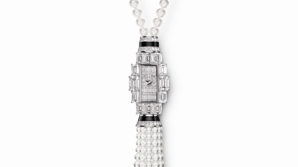 Vacheron Constantin Grand Lady Kalla High Jewelry watch in 18K white gold, emerald-cut diamonds, Akoya pearl beads, onyx beads, POA, <a href="http://www.vacheron-constantin.com/">vacheron-constantin.com</a>. Available now. - Courtesy Vacheron Constantin