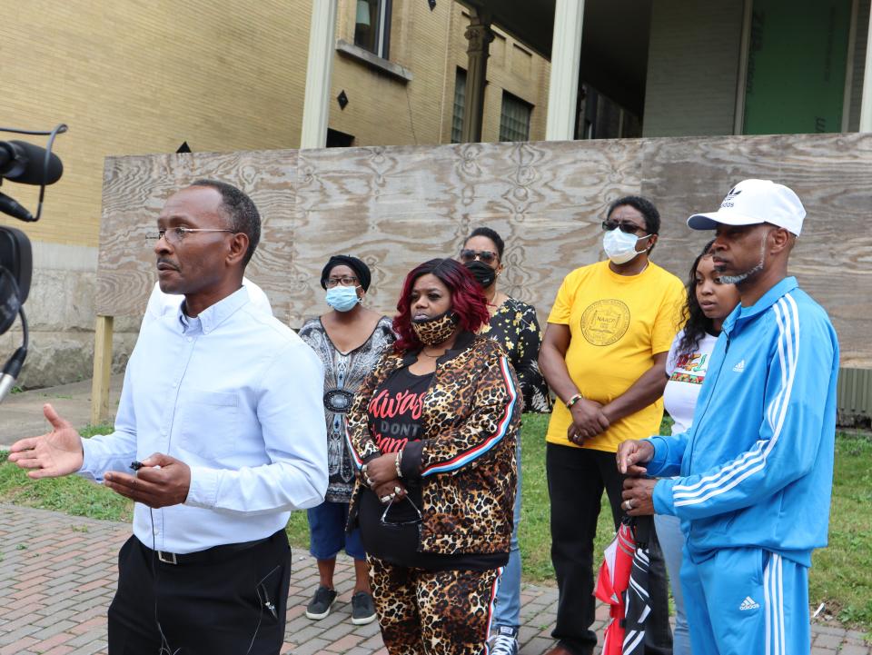 Save our Streets Director Patrick Johnsons speaks about a racist incident caught on camera in Utica Tuesday, June 30, 2020, on Genesee Street.