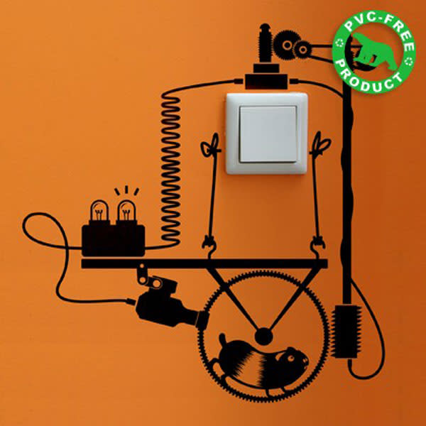 This wall sticker is sure to add originality to an ignored corner of the room. The creative light switch addition featuring a hamster wheel energy generator is a fun invitation to indoor energy efficiency. Stickers similar to this one are <a href="http://www.hu2.com/store/eco-reminders.html" rel="nofollow noopener" target="_blank" data-ylk="slk:available for purchase here;elm:context_link;itc:0;sec:content-canvas" class="link "> available for purchase here</a>.