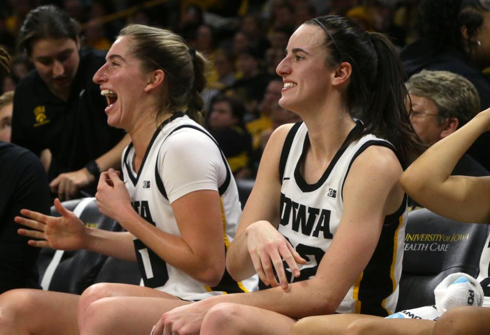 Iowa’s Kate Martin (20) and Caitlin Clark (22) react during a game against Indiana Saturday, Jan. 13, 2024 at Carver-Hawkeye Arena in Iowa City, Iowa. Julia Hansen/Iowa City Press-Citizen / USA TODAY NETWORK