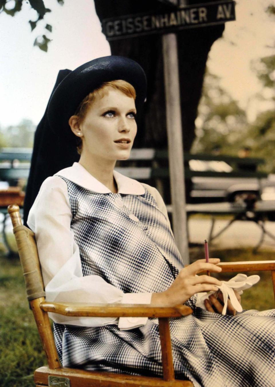 <p>Farrow in costume on the set of <em>Rosemary's Baby</em>. The film, directed by Roman Polanski, was shot on location in New York.  </p>