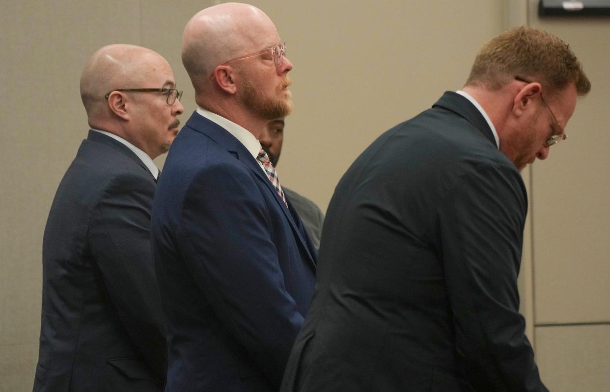 Jeremy White, center, was found guilty of conspiracy to riot in a San Diego trial that tested the role of the group known as Antifa, May 3, 2024.