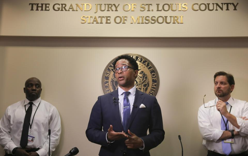 St. Louis County Prosecutor Wesley Bell announces the second-degree assault charges against Ladue police officer Julia Crews, 37, during a press conference on Wednesday, May 1, 2019, at the Buzz Westfall Justice Center in Clayton. Crews said she accidentally shot a woman accused of shoplifting at Schnucks when she actually meant to use her Taser. (Laurie Skrivan/St. Louis Post-Dispatch via AP)