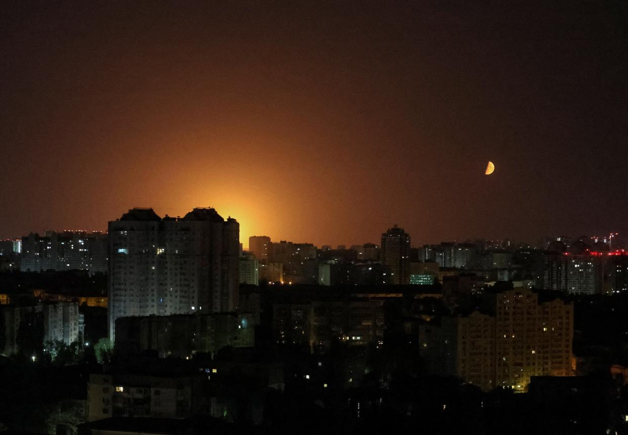 An explosion of a drone is seen in the sky over the city during a Russian drone strike, amid Russia’s attack on Ukraine, in Kyiv, Ukraine 28 May 2023 (Reuters)