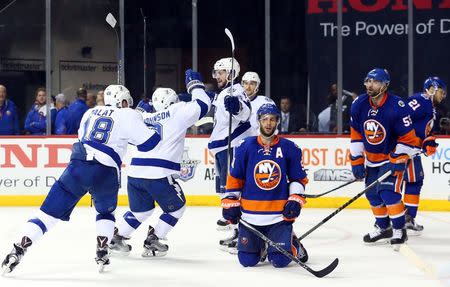 Tampa Bay Lightning right wing Nikita Kucherov (86) reacts after scoring game-tying goal against the Islanders late in third period in game three of the second round of the 2016 Stanley Cup Playoffs at Barclays Center. Mandatory Credit: Anthony Gruppuso-USA TODAY Sports