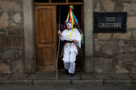 A reveller, dressed as "Zarramache", leaves the city hall during celebrations to mark Saint Blaise's festivity in Casavieja, Spain February 3, 2017. REUTERS/Sergio Perez