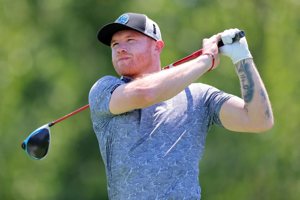 JERSEY CITY, NEW JERSEY - JUNE 30: Canelo Alvarez plays his tee shot on the 7th hole during day one of the ICON Series at Liberty National Golf Club on June 30, 2022 in Jersey City, New Jersey. (Photo by Mike Stobe/Getty Images)