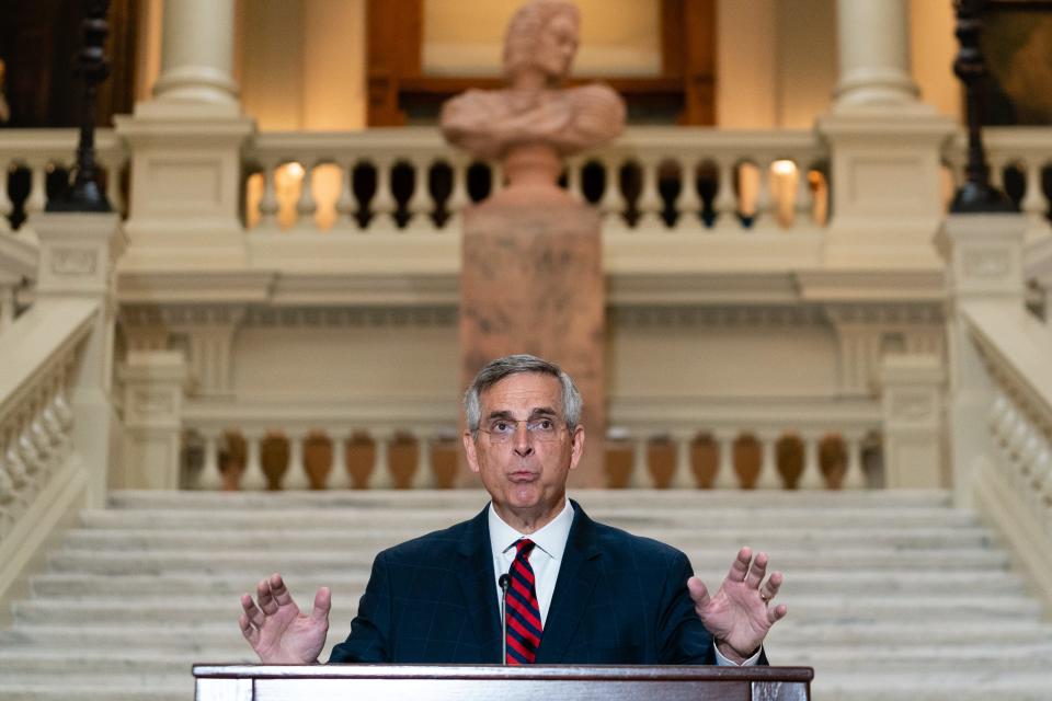 Georgia Secretary of State Brad Raffensperger speaks at a press conference at the Georgia State Capitol on November 11, 2022 in Atlanta, Georgia. At the press conference Raffensperger announced an audit of the Secretary of State race.