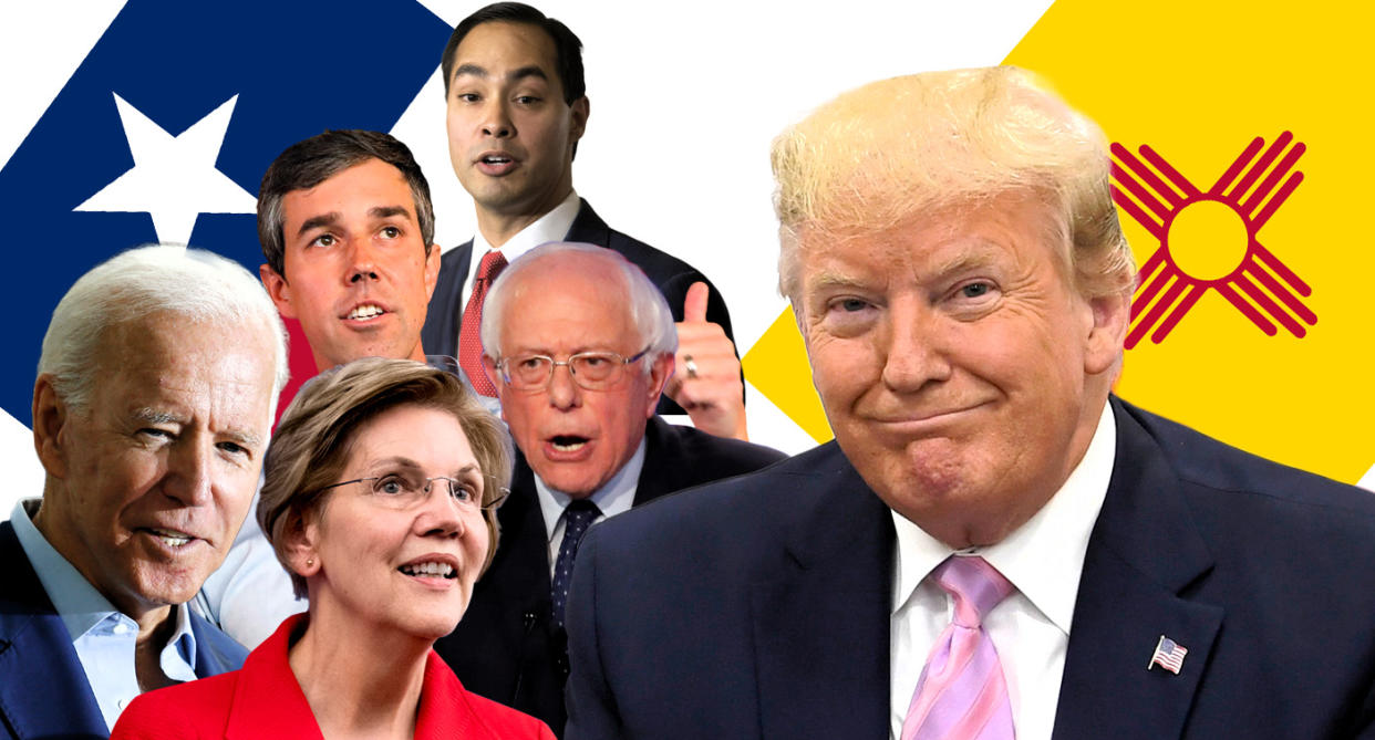 Joe Biden, Beto O'Rourke, Elizabeth Warren, Julian Castro, Bernie Sanders and Donald Trump. (Photo illustration: Yahoo News; photos: AP)