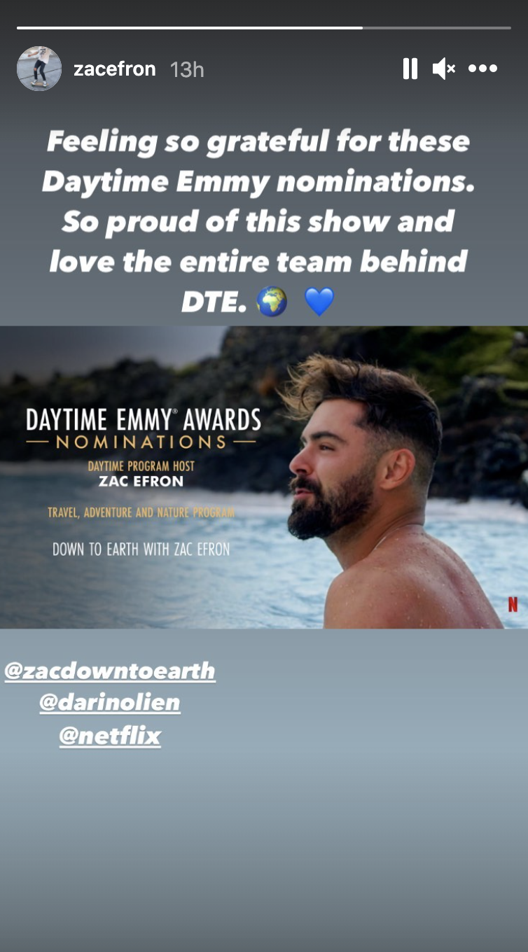 A screenshot of Zac Efron's Emmy news, taken from Instagram