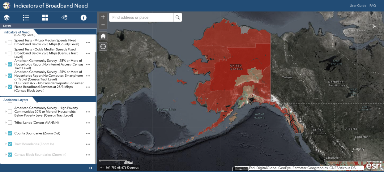 Screenshot of NTIA's website, illustrating broadband access need in Alaska, Jan. 31, 2022.