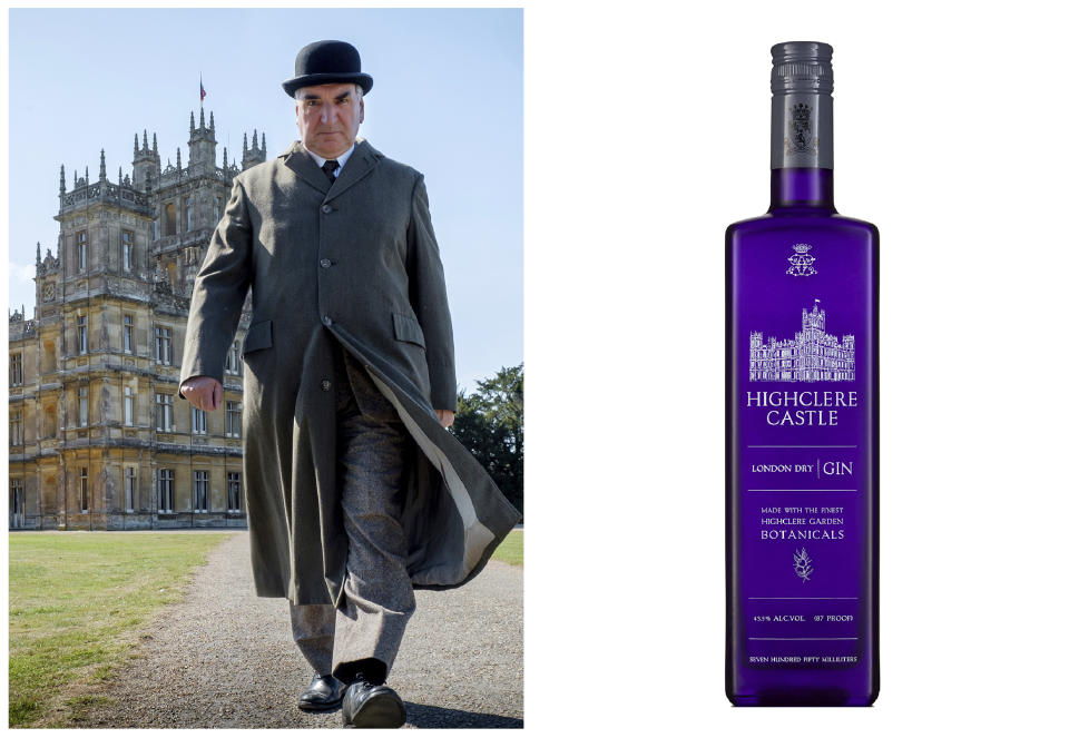 This combination photo shows actor Jim Carter portraying Mr. Carson walking away from Highclere Castle in a scene from the film "Downtown Abbey," left, and a bottle of Highclere Castle Gin. It’s inspired by botanicals from the estate’s herb gardens originally planted in the 9th century. (Focus Features, left, and Highclere Castle Gin Spirits via AP)