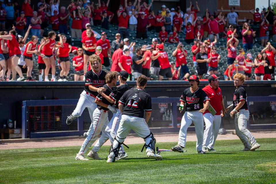 Henry freshman Carson Rowe (second from left) awaits his onrushing teammates while Henry fans celebrate on the dugout after a 2-1 walk-off win over Newman Catholic in the IHSA Class 1A State baseball semifinals Friday at Dozer Park.