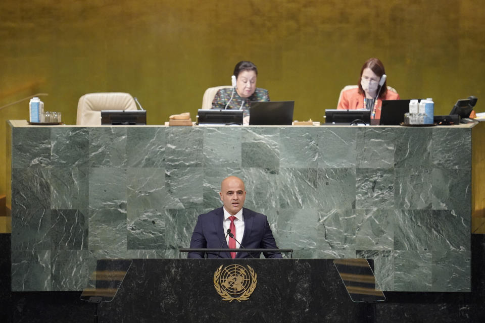 Prime Minister of North Macedonia Dimitar Kovachevski addresses the 77th session of the United Nations General Assembly, Saturday, Sept. 24, 2022 at U.N. headquarters. (AP Photo/Mary Altaffer)