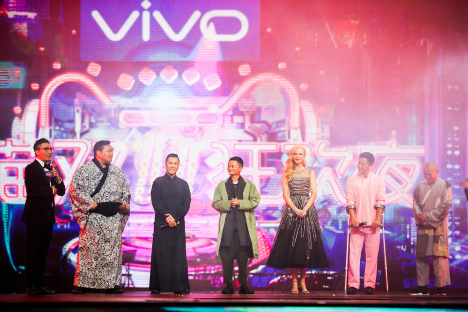 Alibaba Group Chairman Jack Ma (center), actress Nicole Kidman (3-R), and actor Jet Li (R) attend the 2017 Alibaba Singles' Day Global Shopping Festival gala at the Mercedes-Benz Arena on in Shanghai, China on Nov. 10, 2017.