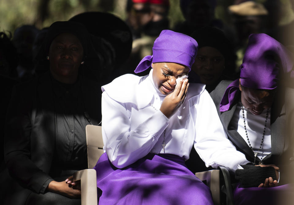 The wife of Malawian Vice President Mary Chilima, weeps at the burial service for Malawi's Vice President Saulos Chilima in Nsipe, Malawi, Monday, June 17, 2024. (AP Photo/Thoko Chikondi)