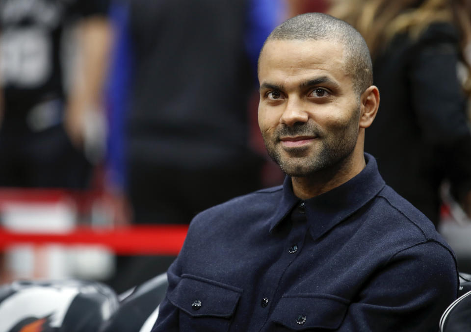 FILE - San Antonio Spurs guard Tony Parker smiles before an NBA basketball game against the Chicago Bulls, Oct. 21, 2017, in Chicago. The four-time NBA champion told The Associated Press on Friday, June 23, 2023, he sees a bright future at his former team for fellow Frenchman Victor Wembanyama. (AP Photo/Kamil Krzaczynski, File)