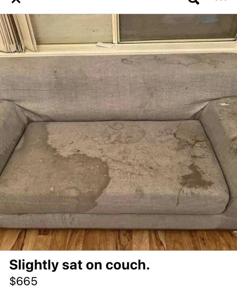 A disgusting couch with many stains, for sale at $665