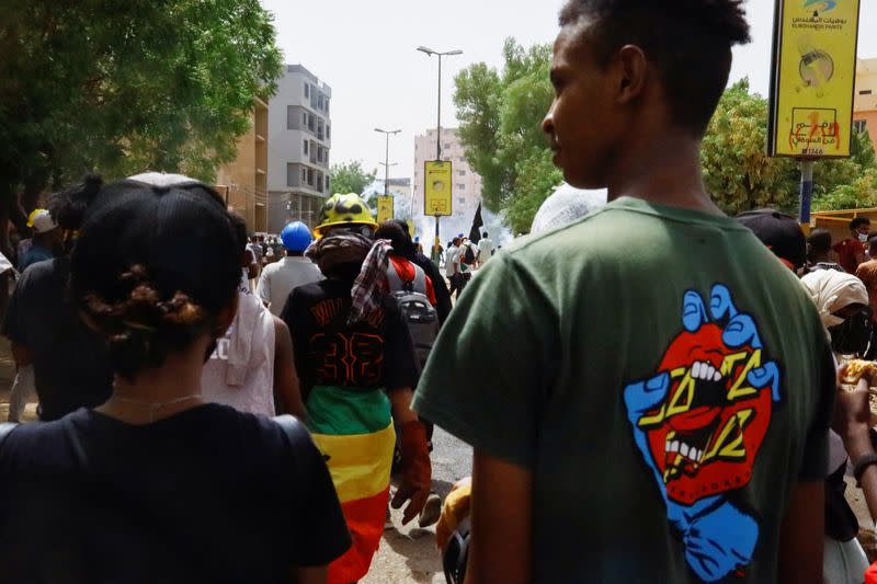 Protesters march during a rally in Khartoum