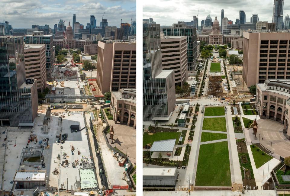 Left: Texas Capitol Complex project on Wednesday September 15, 2021. Right: Texas Capitol Mall on Friday November 11, 2022.