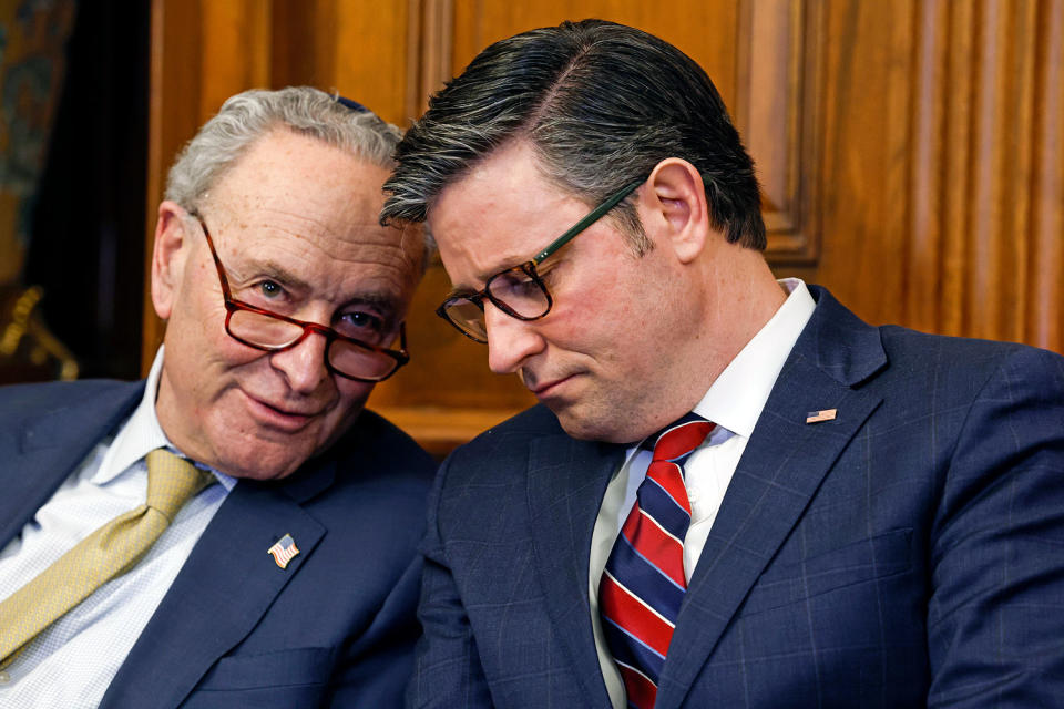 Chuck Schumer speaks with Mike Johnson at the Capitol. (Anna Moneymaker / Getty Images file)