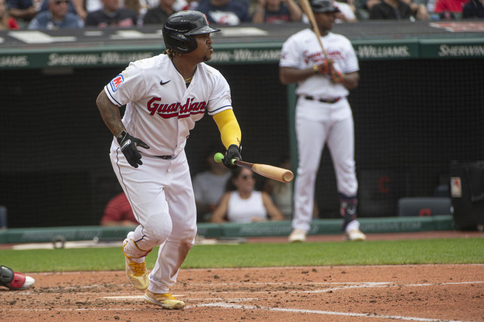 Cleveland Guardians' Jose Ramirez watches his fly out off Chicago White Sox starting pitcher Jesse Scholtens during the fourth inning of a baseball game in Cleveland, Sunday, August 6, 2023. (AP Photo/Phil Long)