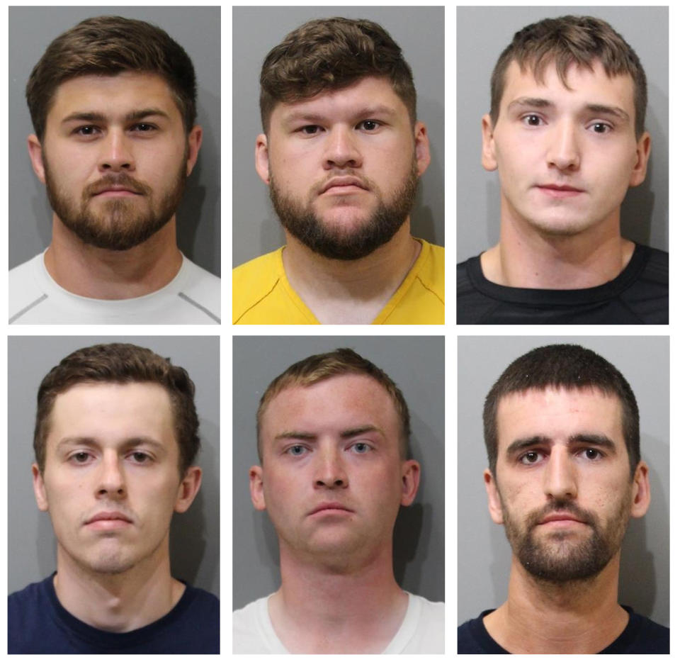 FILE - This combo of booking image provided by the Kootenai County Sheriff's Office shows, top row from left, Josiah Buster, his brother Mishael Buster, and Connor Moran, all of Watauga, Texas; bottom row, from left, Derek Smith of Sioux Falls, S.D; Dakota Tabler of West Valley City, Utah; and Justin O'Leary, of Des Moines, Wash. These six of the 31 members of a white supremacist group who were arrested near a northern Idaho pride event last month are slated to be in court on Monday afternoon, July 18, 2022, facing misdemeanor charges of conspiracy to riot. (Kootenai County Sheriff's Office via AP, File)