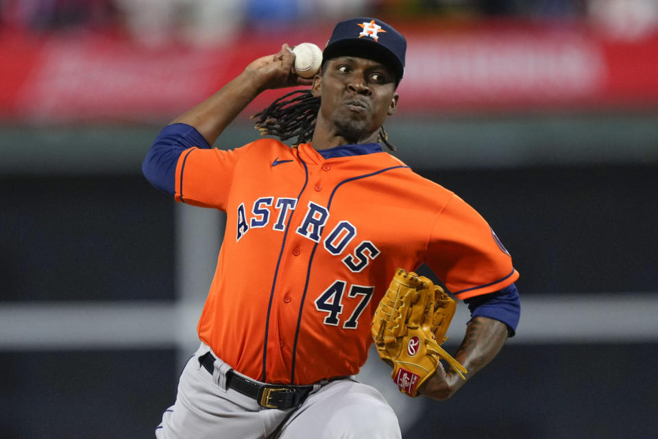 Houston Astros relief pitcher Rafael Montero throws during the eighth inning in Game 4 of baseball's World Series between the Houston Astros and the Philadelphia Phillies on Wednesday, Nov. 2, 2022, in Philadelphia. (AP Photo/Matt Slocum)